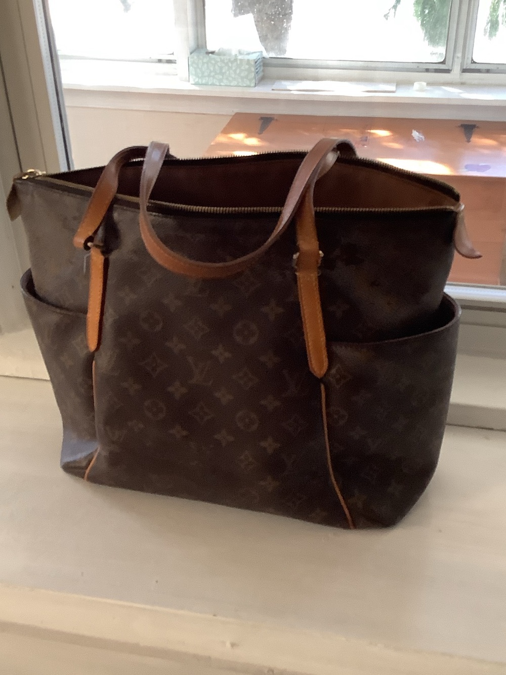 Monogram Canvas Tote Bag in Dark Brown with Tan Trim